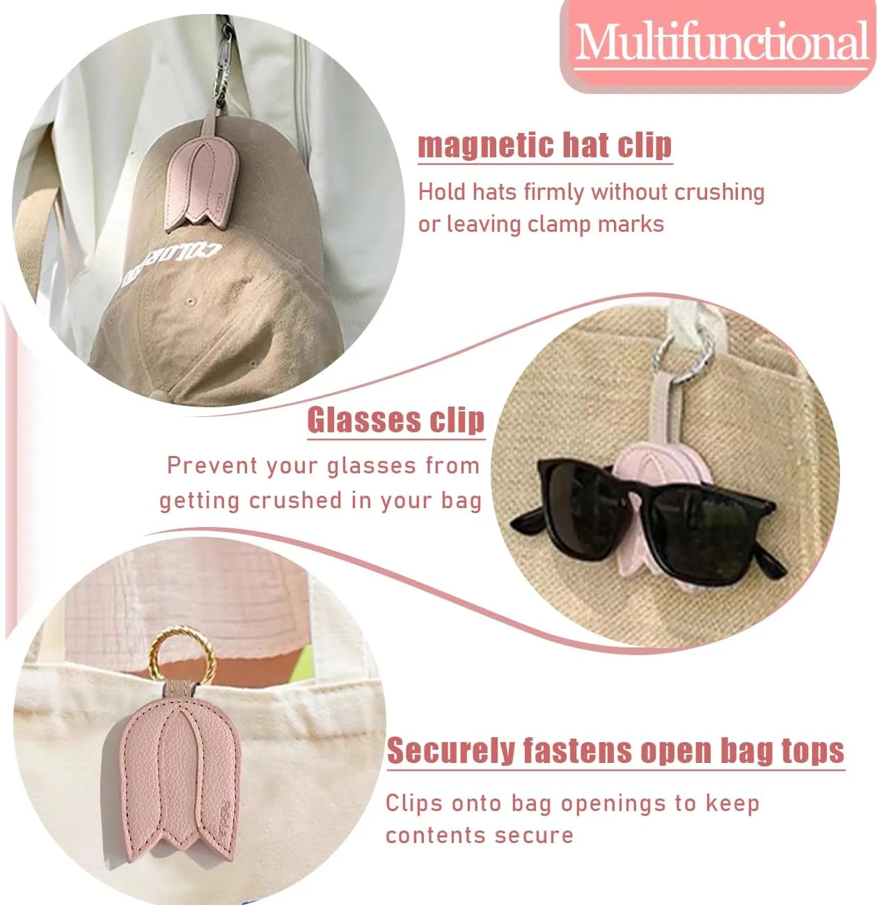 Magnetic Hat Clip for Travel on Bag - Anti-Wind Blowing & Anti-Drop Travel Essential with Alloy Buckle, Premium PU Leather Hat Sunglasses Magnet Clip with Accessory for Baby Stroller