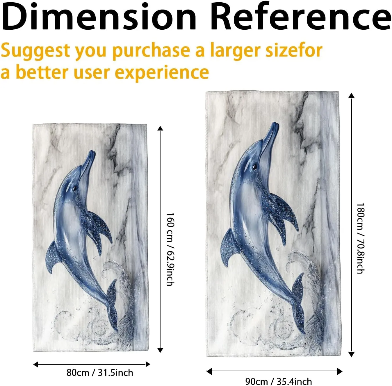 Marble Blue Dolphin Microfiber Beach Towel Ocean Wave Design Quick Dry Soft Sand Free Lightweight Bath Blanket, Ideal for Vacation Pool Gym Outdoor Picnic Essentials 62x31 Inch