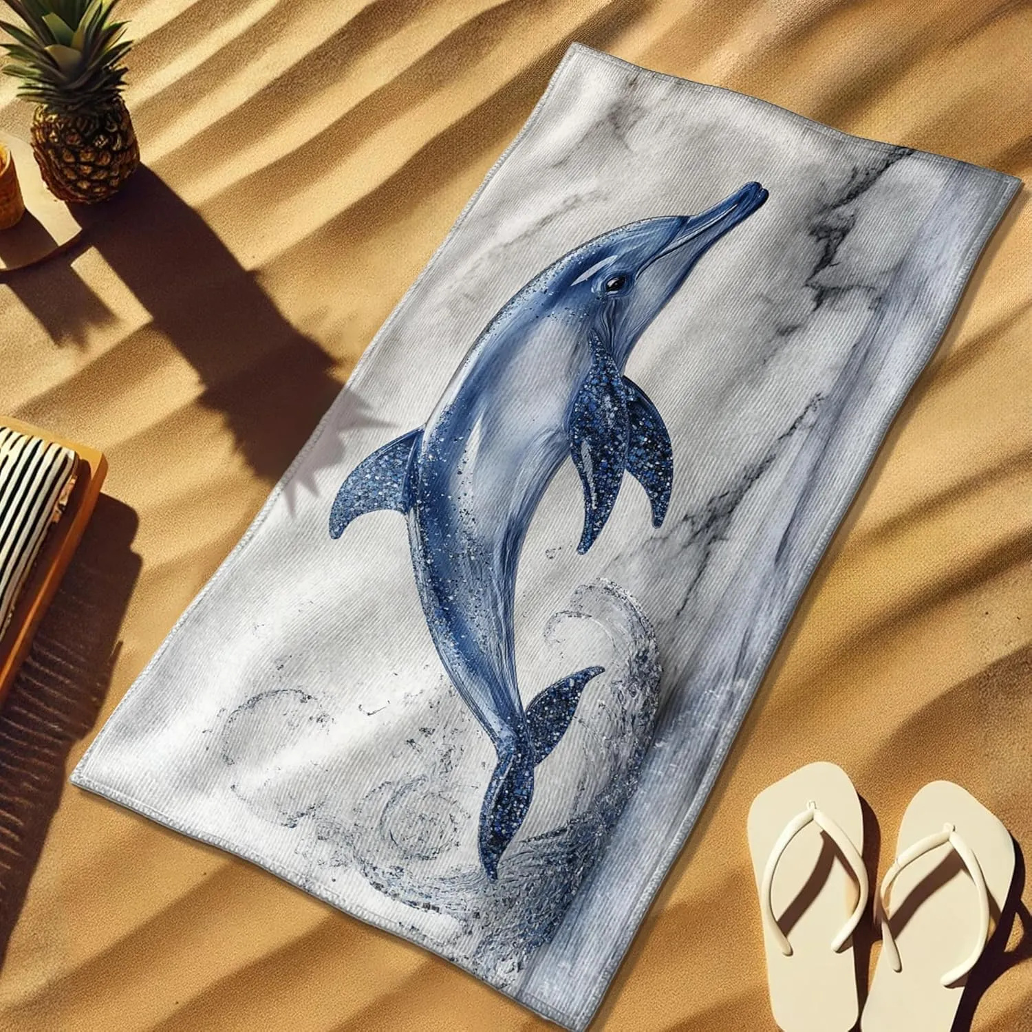 Marble Blue Dolphin Microfiber Beach Towel Ocean Wave Design Quick Dry Soft Sand Free Lightweight Bath Blanket, Ideal for Vacation Pool Gym Outdoor Picnic Essentials 62x31 Inch