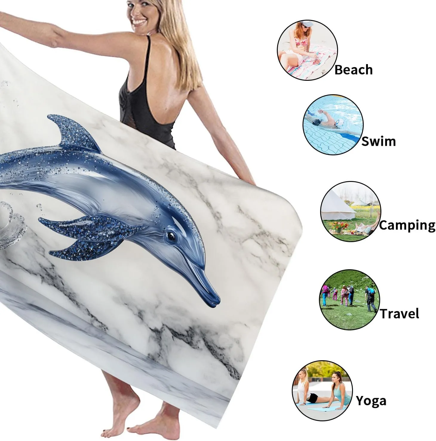 Marble Blue Dolphin Microfiber Beach Towel Ocean Wave Design Quick Dry Soft Sand Free Lightweight Bath Blanket, Ideal for Vacation Pool Gym Outdoor Picnic Essentials 62x31 Inch