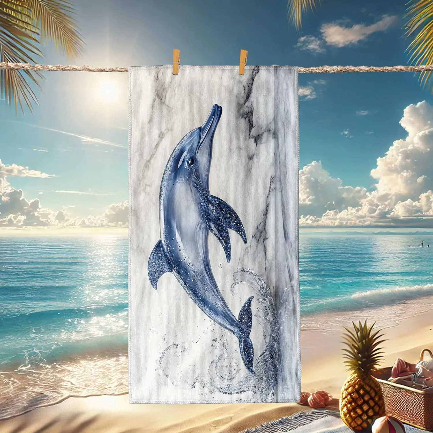 Marble Blue Dolphin Microfiber Beach Towel Ocean Wave Design Quick Dry Soft Sand Free Lightweight Bath Blanket, Ideal for Vacation Pool Gym Outdoor Picnic Essentials 62x31 Inch