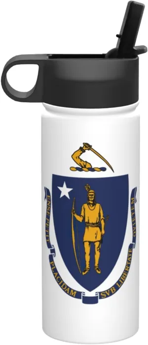 Massachusetts State Flag Print Flask Stainless Steel Water Bottle with Straw 18OZ FOR Outdoor Gym Commute