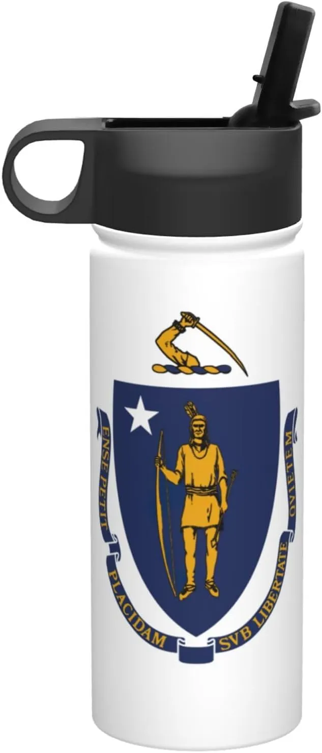 Massachusetts State Flag Print Flask Stainless Steel Water Bottle with Straw 18OZ FOR Outdoor Gym Commute