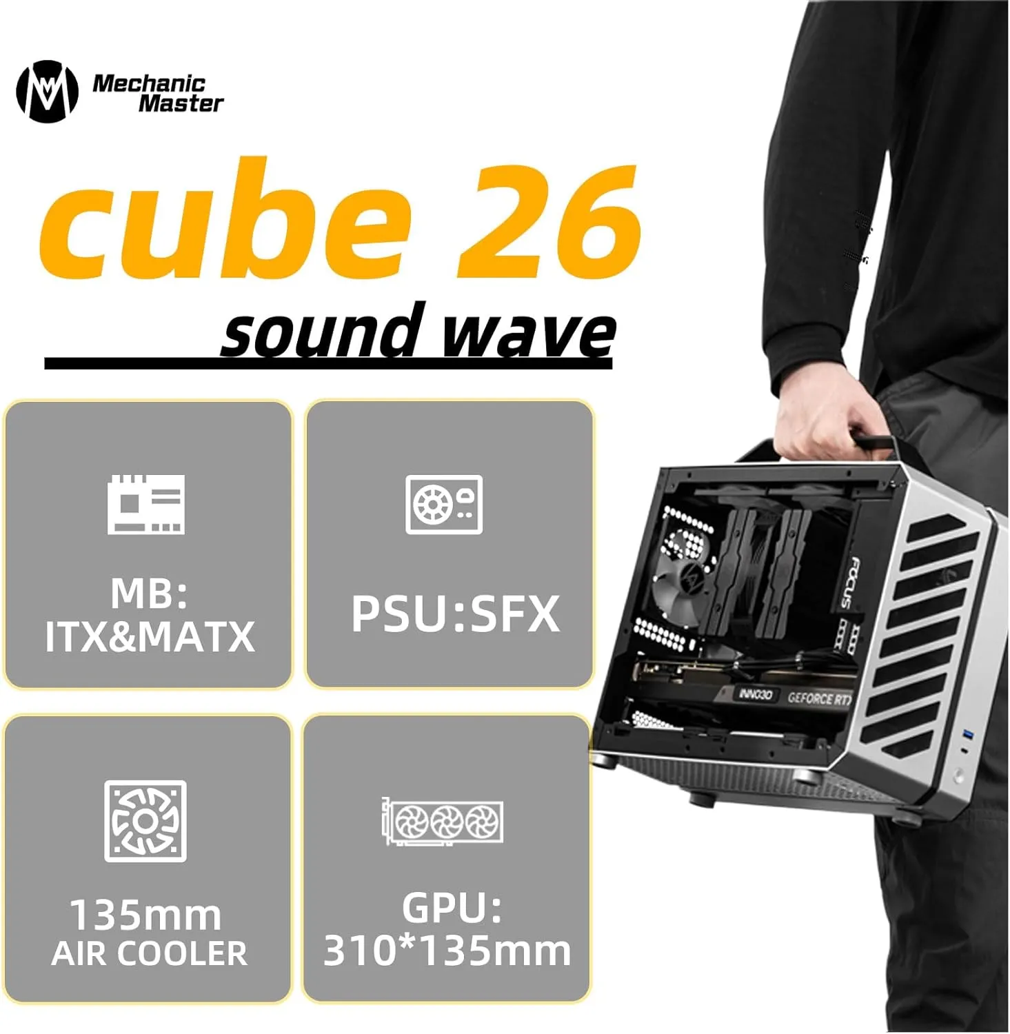 Mechanic Master C26 Desktop Portable Mini MATX Case with Handle | 13.2L | SFX PSU Compatible | MATX Motherboard | 310mm GPU | 135mm Air Cooling (Vitality Yellow)