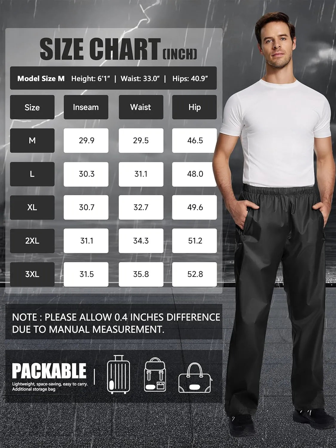 Men's Rain Pants, Waterproof Lightweight Outdoor Trousers for Hiking Fishing Windproof Rain Over Pants