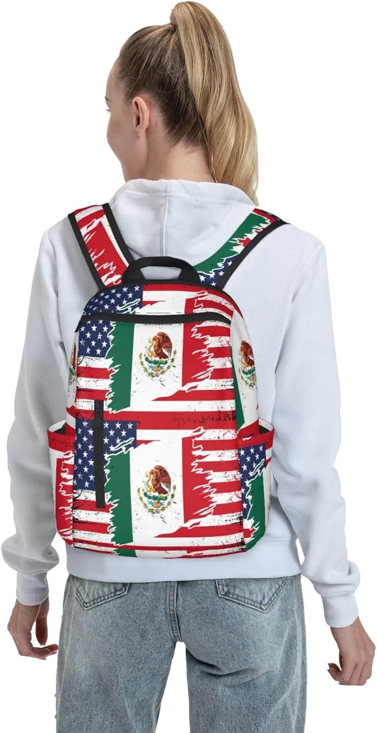 Mexican American Flag Casual Laptop Backpack Travel Rucksack Sports Daypack Adjustable Strap Bags with Multi-Pockets for Working Running Camping