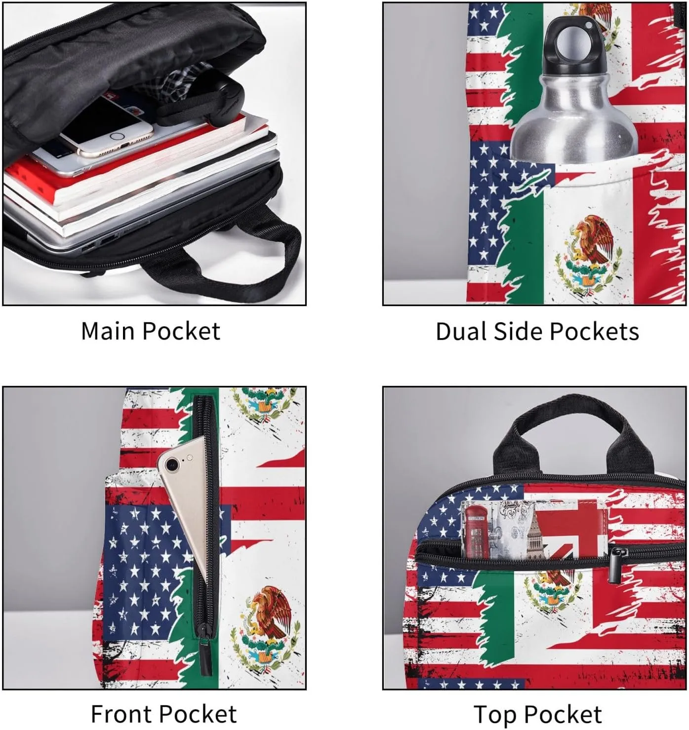 Mexican American Flag Casual Laptop Backpack Travel Rucksack Sports Daypack Adjustable Strap Bags with Multi-Pockets for Working Running Camping