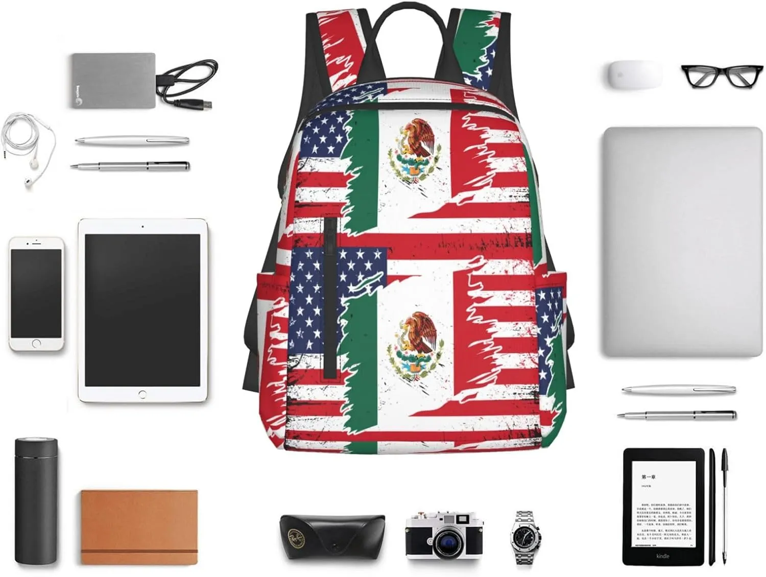 Mexican American Flag Casual Laptop Backpack Travel Rucksack Sports Daypack Adjustable Strap Bags with Multi-Pockets for Working Running Camping
