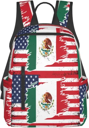 Mexican American Flag Casual Laptop Backpack Travel Rucksack Sports Daypack Adjustable Strap Bags with Multi-Pockets for Working Running Camping