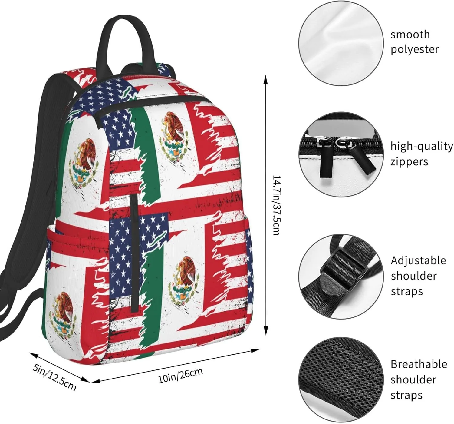 Mexican American Flag Casual Laptop Backpack Travel Rucksack Sports Daypack Adjustable Strap Bags with Multi-Pockets for Working Running Camping