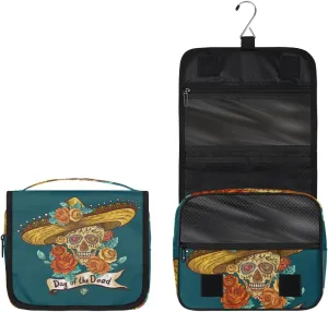 Mexican Sugar Skull Rose Toiletry Bag with Hanging Hook Travel Organizer Makeup Bag for Women Waterproof Accessories Toiletries Travel Essentials Personalized Birthday Valentines Day Gifts