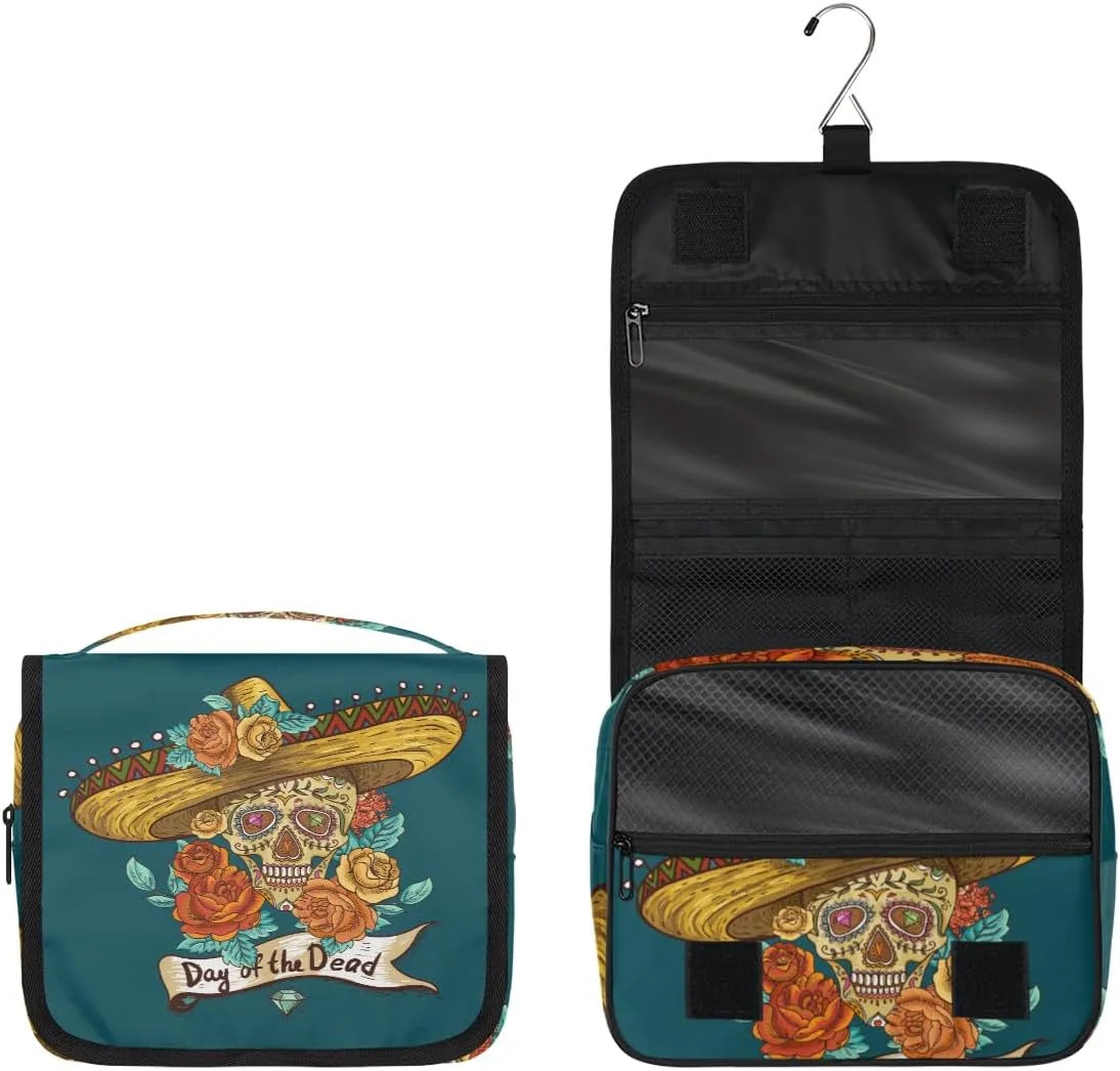Mexican Sugar Skull Rose Toiletry Bag with Hanging Hook Travel Organizer Makeup Bag for Women Waterproof Accessories Toiletries Travel Essentials Personalized Birthday Valentines Day Gifts