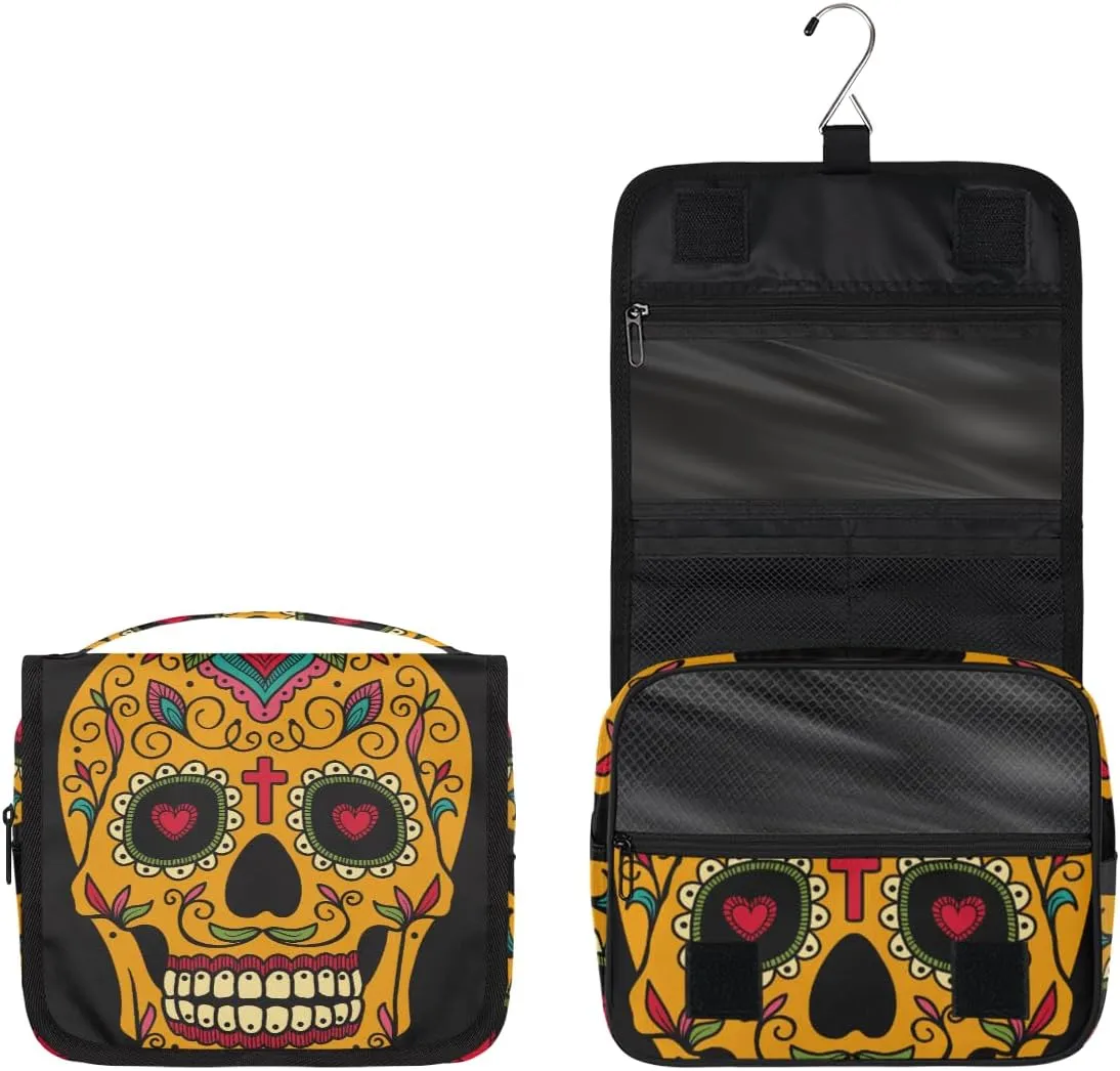Mexican Sugar Skull Toiletry Bag with Hanging Hook Travel Organizer Makeup Bag for Women Waterproof Accessories Toiletries Travel Essentials Personalized Birthday Valentines Day Gifts