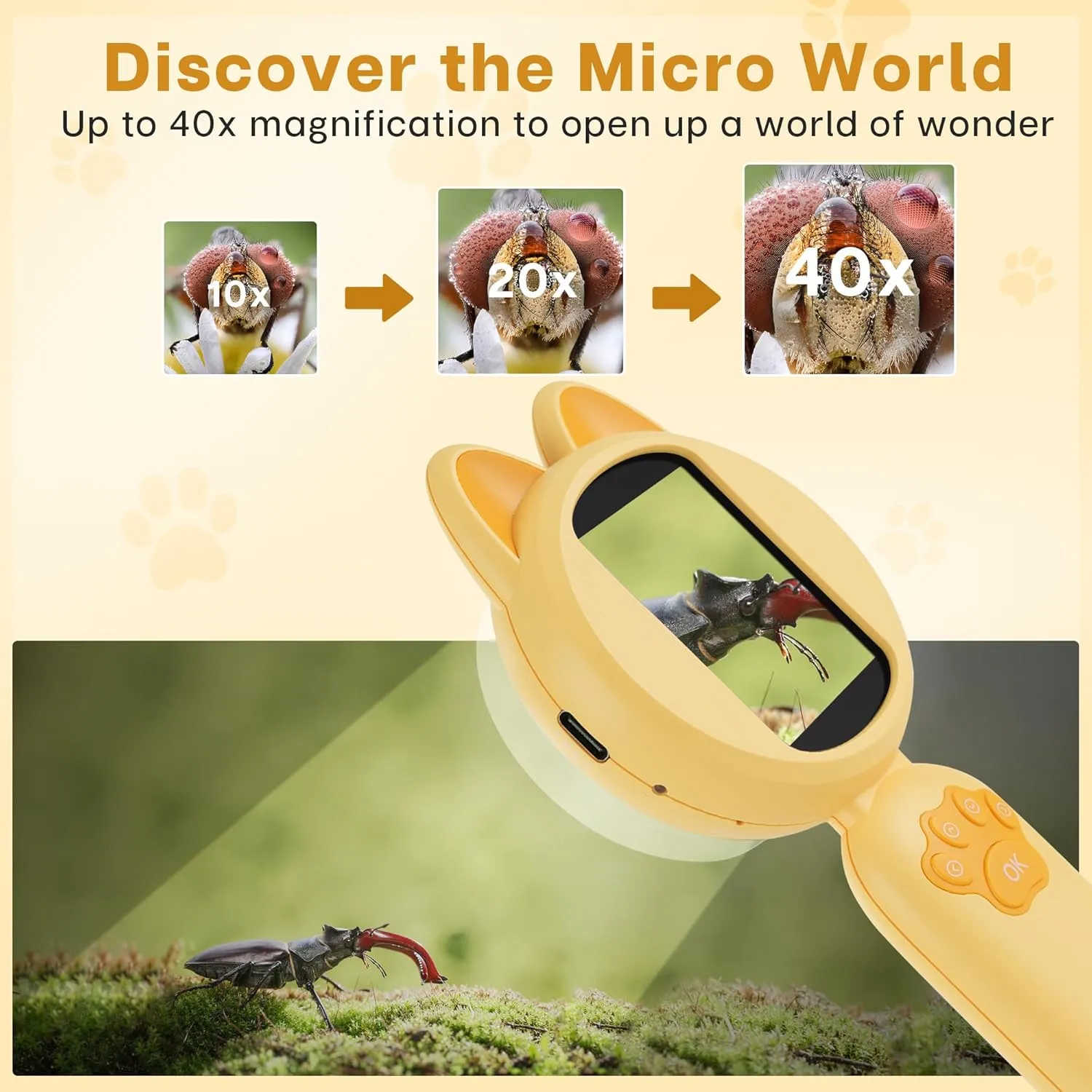 Mia Microscope for Kids, Mini Digital Microscope with 2'' IPS Screen, Handheld Mini Scope Educational Science Toy Kit, Christmas/Birthday Gifts for Kids Aged 3-6,7-12 (Yellow)