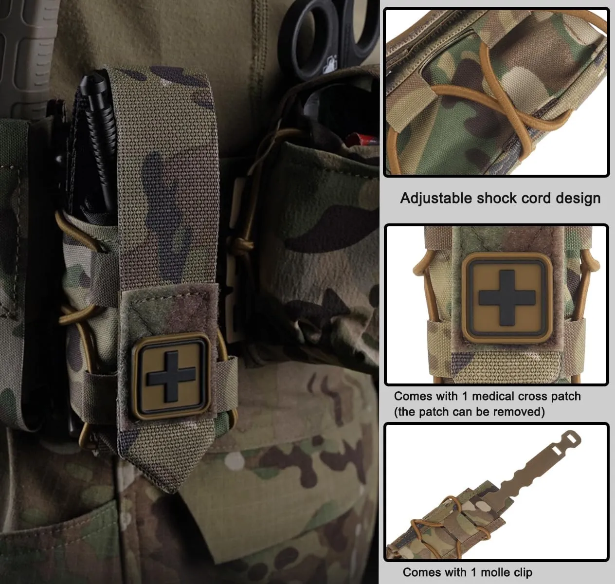 MOLLE Tourniquet Holder IFAK – Tactical 500D Nylon TQ Pouch with Cross Patch & MOLLE Clip, First Aid Kit Holster for EMT, Airsoft, Hunting Vest, or Duty Belt