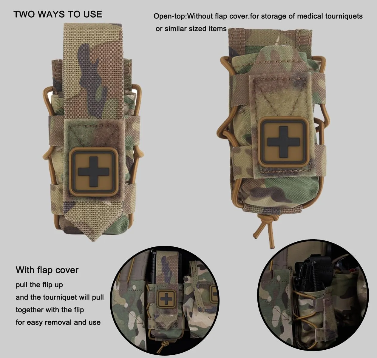 MOLLE Tourniquet Holder IFAK – Tactical 500D Nylon TQ Pouch with Cross Patch & MOLLE Clip, First Aid Kit Holster for EMT, Airsoft, Hunting Vest, or Duty Belt