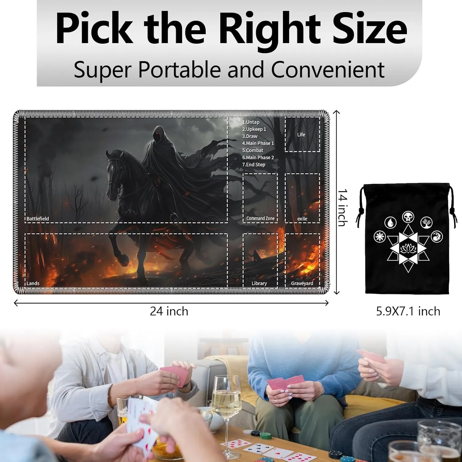 MTG Playmat with Card Storage Bag,Smooth Surface Non-Slip Rubber Base 24x14in,for Magic The Gathering and TCG Games,Perfect for Card Game Lovers,Person Riding Horse