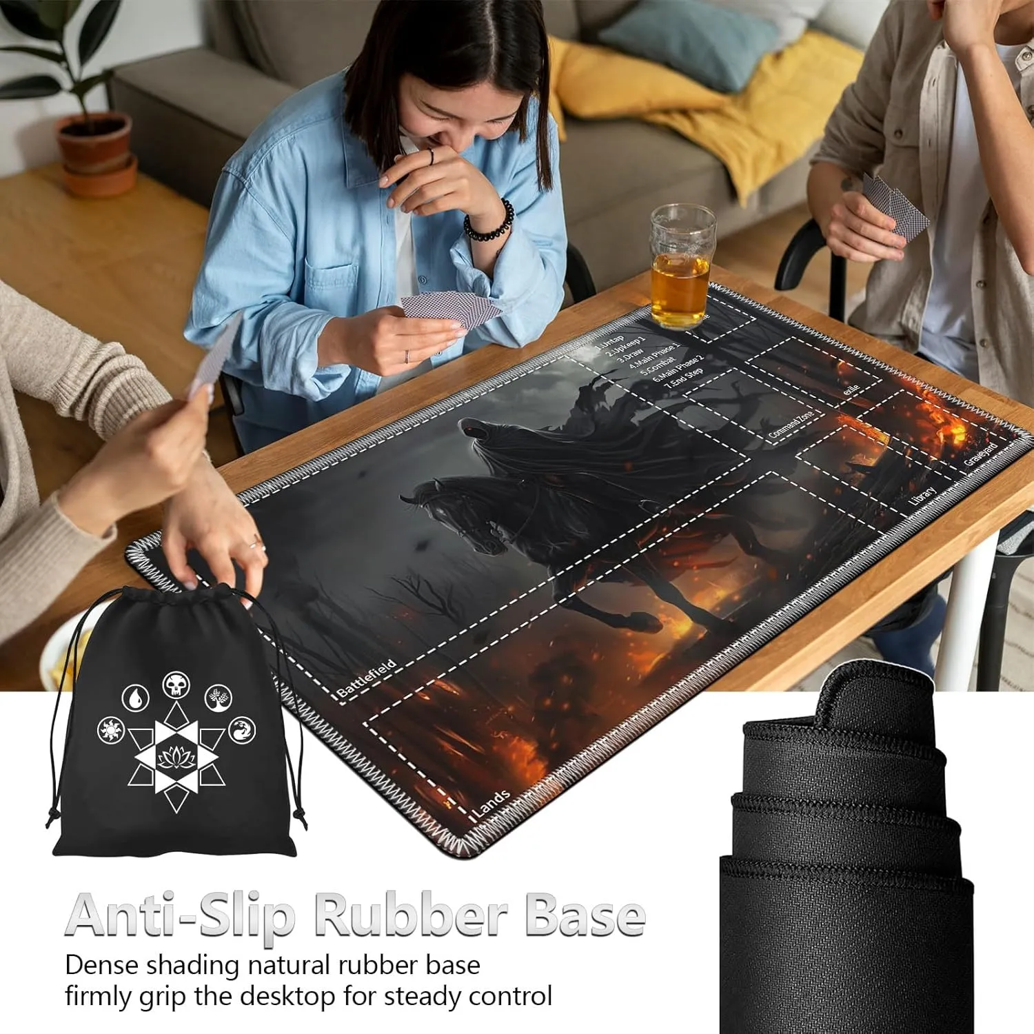 MTG Playmat with Card Storage Bag,Smooth Surface Non-Slip Rubber Base 24x14in,for Magic The Gathering and TCG Games,Perfect for Card Game Lovers,Person Riding Horse
