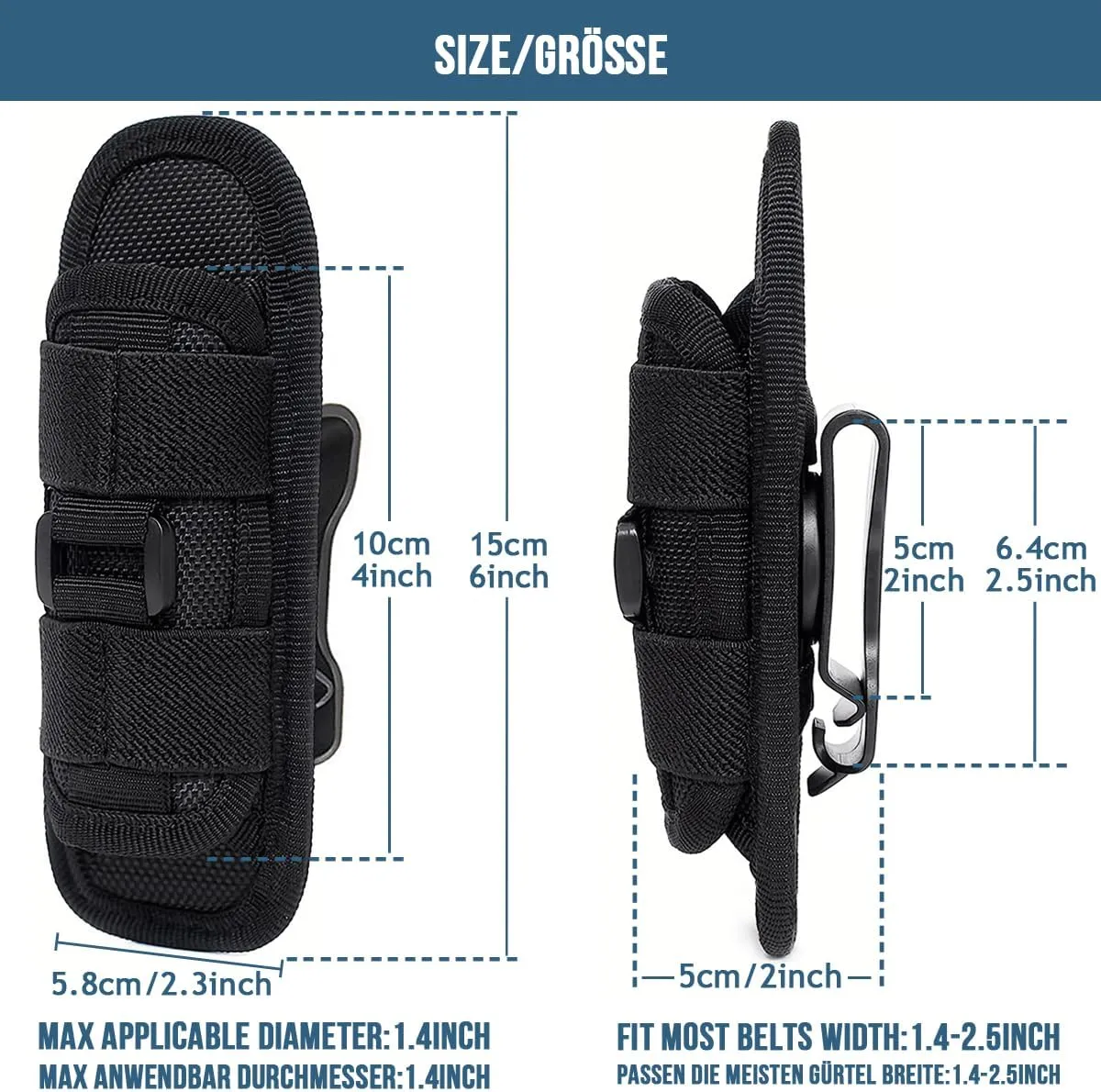 MUCHER 2 Pack Molle Flashlight Holster Duty Belt Tactical Flashlight Holder Flashlight Pouch Rotatable Torch Carry Case with 360 Degree Carabiner Reel Clip for Outdoor Hiking Hunting Camping Training