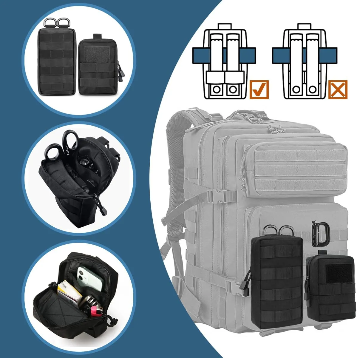 MUCHER 2 Pack Molle Pouches Tactical Pouches EDC Pouch Organizer Molle Bag Utility Pouch with 4 Carabiners for Outdoor Hiking Hunting Camping Training