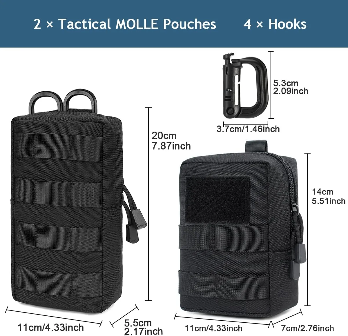 MUCHER 2 Pack Molle Pouches Tactical Pouches EDC Pouch Organizer Molle Bag Utility Pouch with 4 Carabiners for Outdoor Hiking Hunting Camping Training