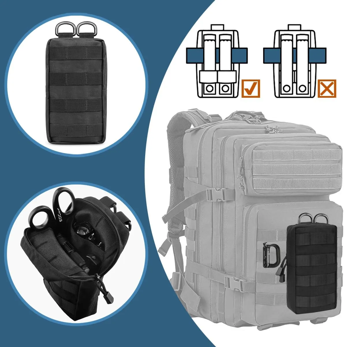 MUCHER 2 Pack Molle Pouches Tactical Pouches EDC Pouch Organizer Molle Bag Utility Pouch with 4 Carabiners for Outdoor Hiking Hunting Camping Training