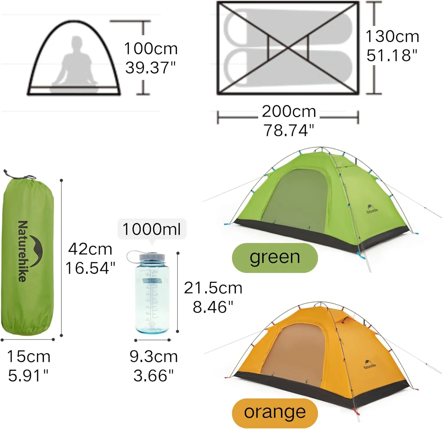 Naturehike 2 Person Tents for Camping, 1.53kg/3.37lb Lightweight Outdoor Tent, Portable Backpacking Tent for Hiking, Beach with Carrying Bag, UPF 40 , PU3000mm , Easy Set Up