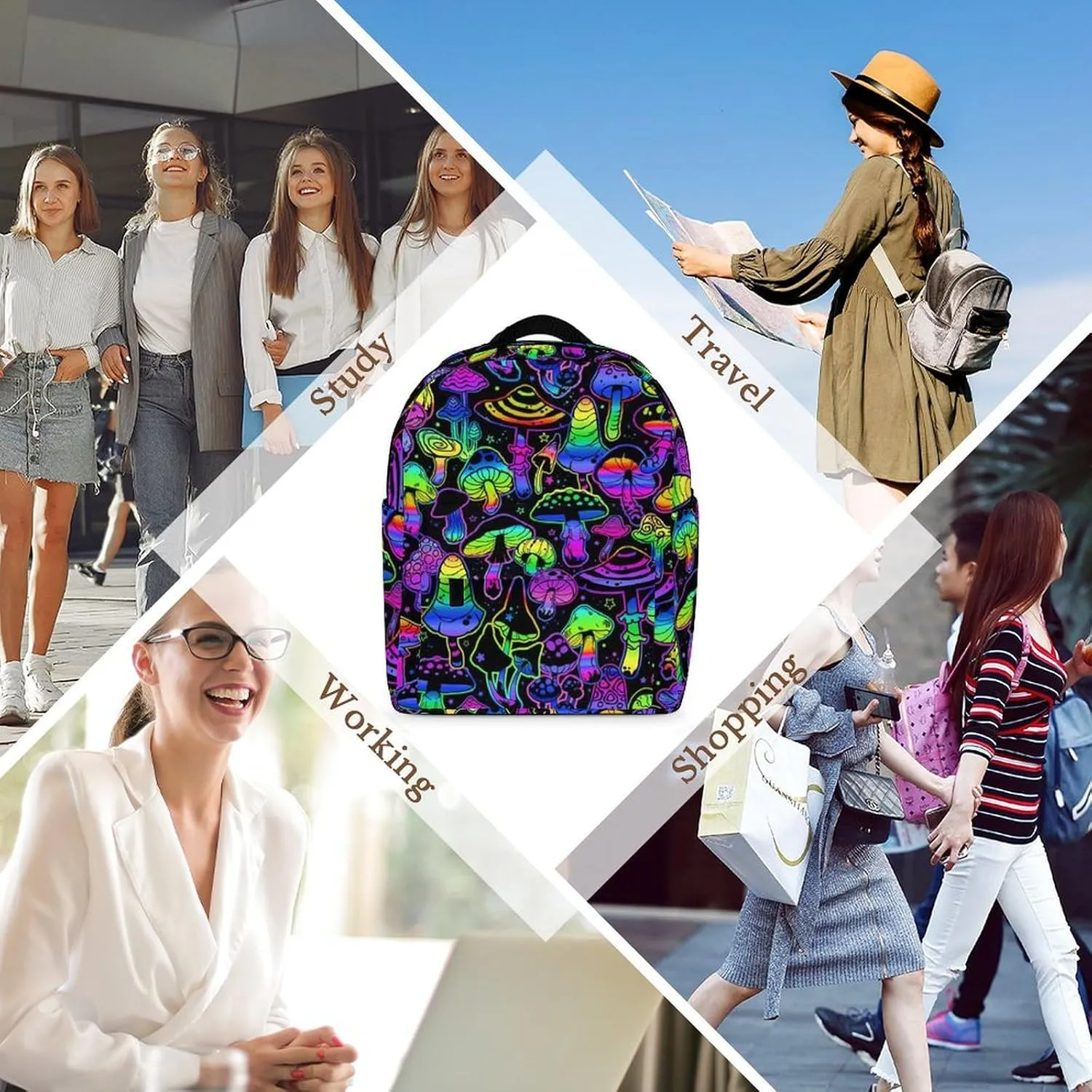 Neon Mushroom Image Casual Women's Backpack, Lightweight, Waterproof, Versatile Daily Bag