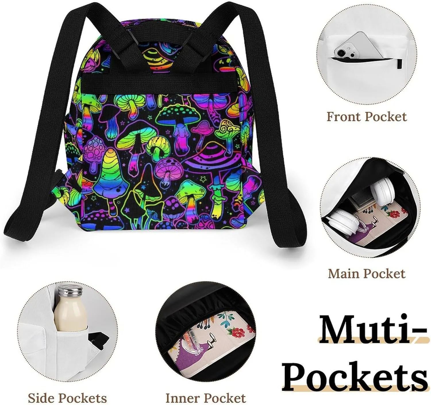 Neon Mushroom Image Casual Women's Backpack, Lightweight, Waterproof, Versatile Daily Bag