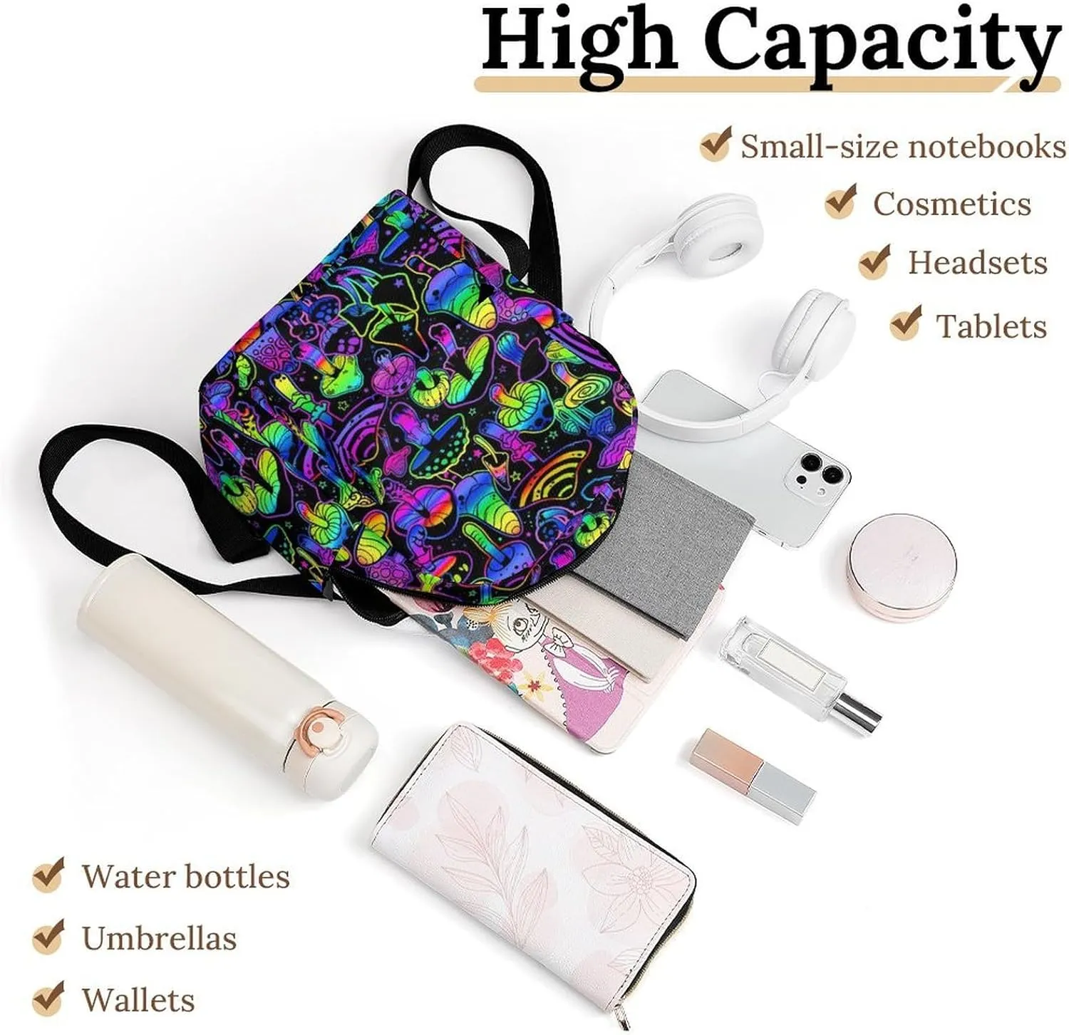 Neon Mushroom Image Casual Women's Backpack, Lightweight, Waterproof, Versatile Daily Bag
