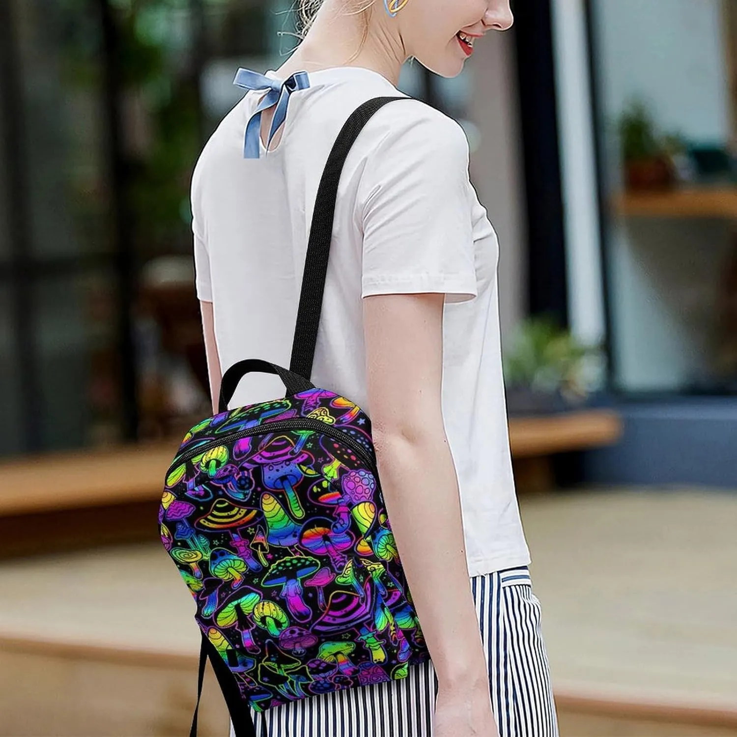 Neon Mushroom Image Casual Women's Backpack, Lightweight, Waterproof, Versatile Daily Bag