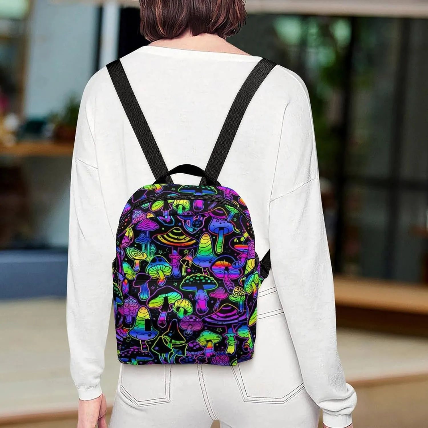 Neon Mushroom Image Casual Women's Backpack, Lightweight, Waterproof, Versatile Daily Bag