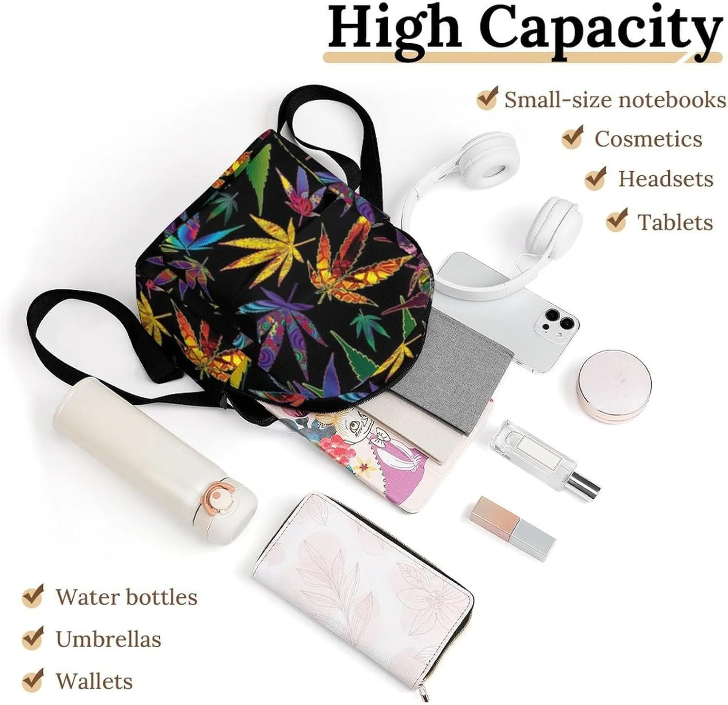 New Type of Weed Leaf Printing Casual Women's Backpack, Lightweight, Waterproof, Versatile Daily Bag