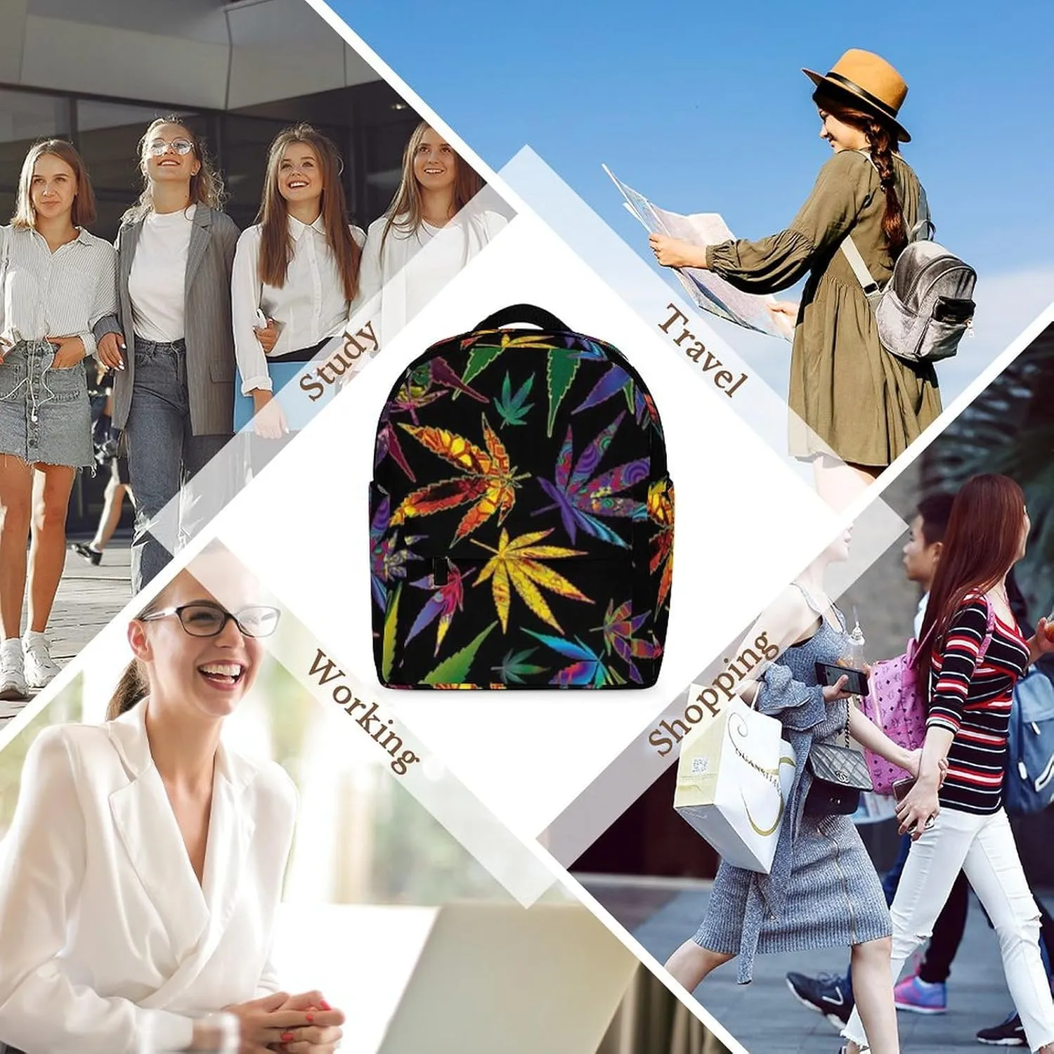 New Type of Weed Leaf Printing Casual Women's Backpack, Lightweight, Waterproof, Versatile Daily Bag