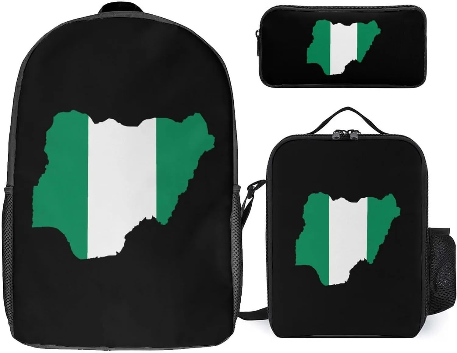 Nigeria Flag Map Fashion 17 in Backpack 3PC Sets Cute Printed Insulated Lunch Bag Set with Pencil Case