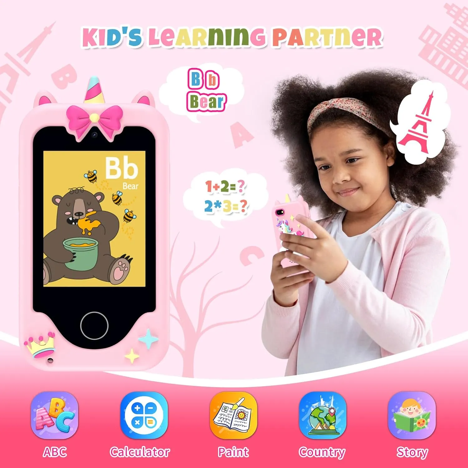 Nikuku Kids Smart Phone for Girls, Toddler Christmas Birthday Gifts for 3-8 Year Old, Childrens Pretend Cell Phones with Puzzle Games, 2.8" Touchscreen Learning Play Toy with Dual Camera(Pink)