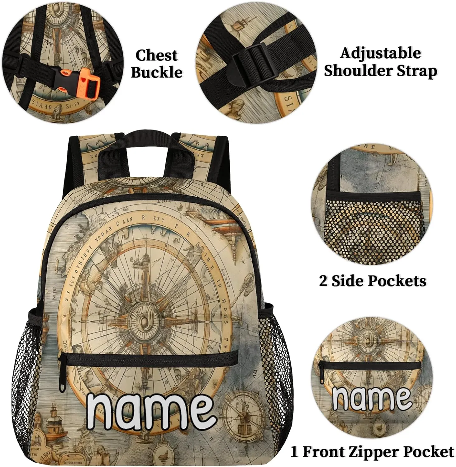 Ocean Compass Personalized Name Mini Backpack Waterproof Custom Casual Travel Small Backpacks with Zipper,12 Inch