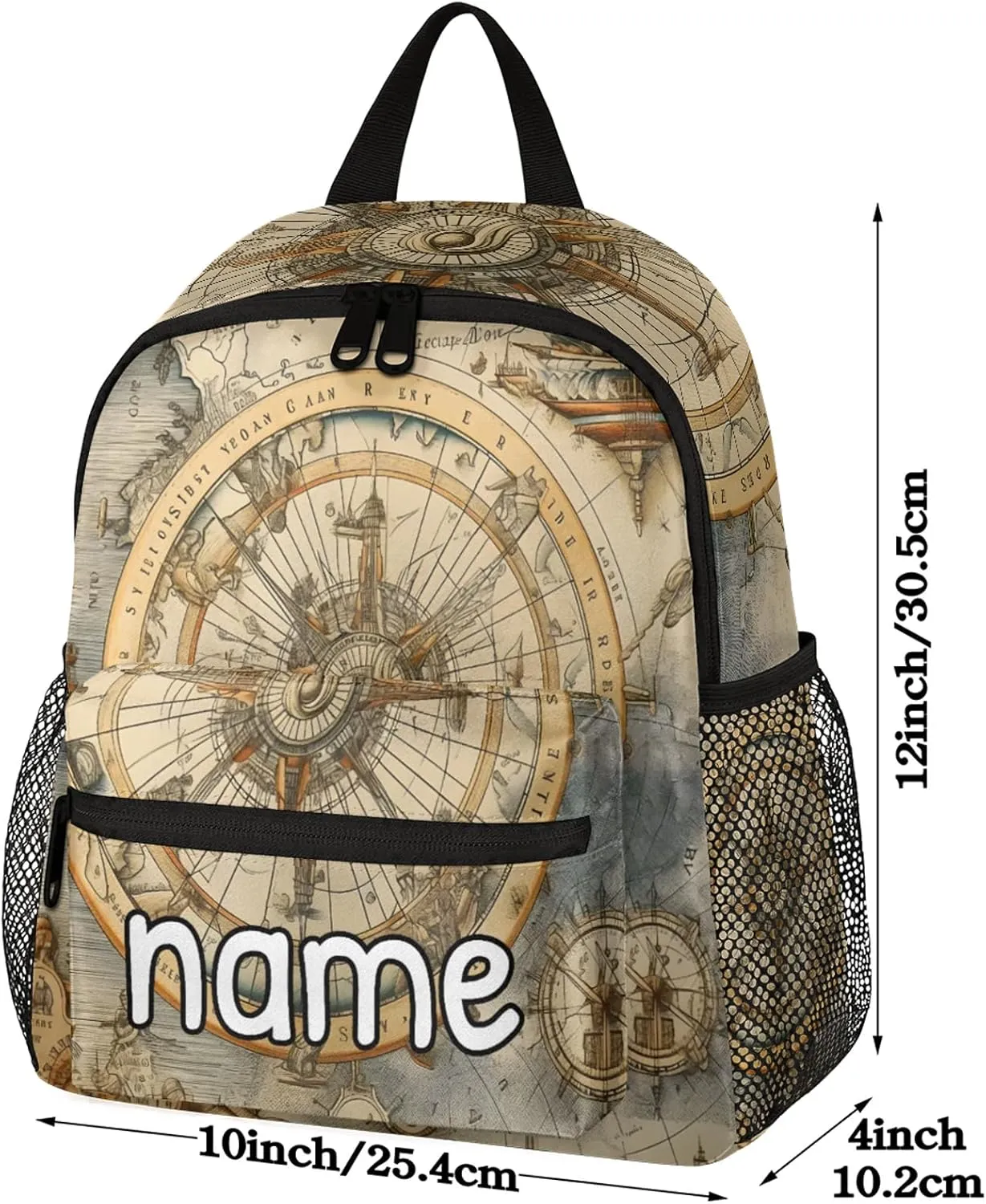 Ocean Compass Personalized Name Mini Backpack Waterproof Custom Casual Travel Small Backpacks with Zipper,12 Inch