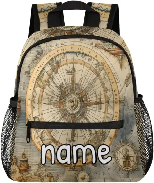 Ocean Compass Personalized Name Mini Backpack Waterproof Custom Casual Travel Small Backpacks with Zipper,12 Inch