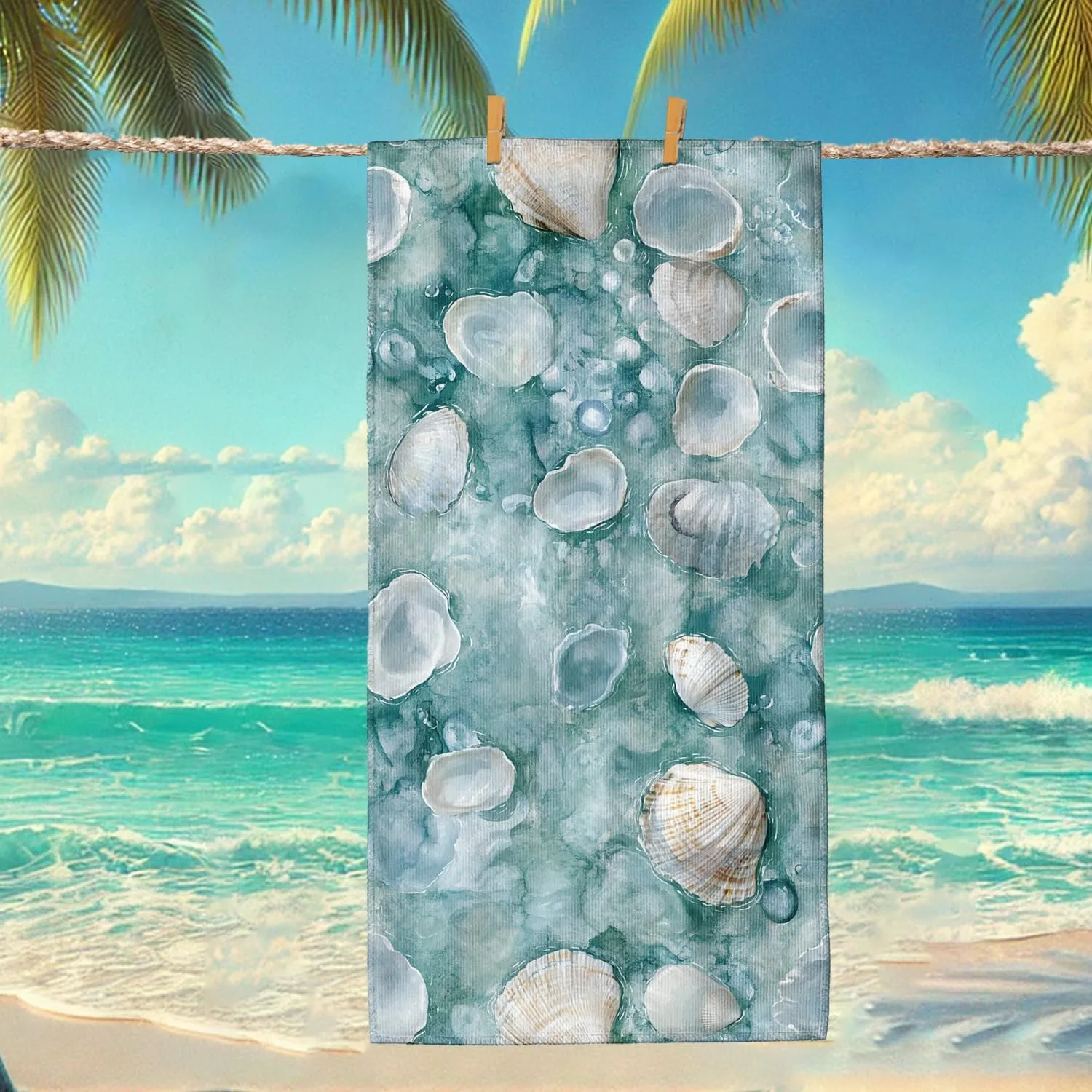 Ocean Wave Shells Beach Towel Turquoise Seashell Pattern Microfiber Bath Towel, Quick Dry Absorbent Sand Free Oversize Lightweight Beach Blanket, Travel Picnic Essentials 62x31 Inch