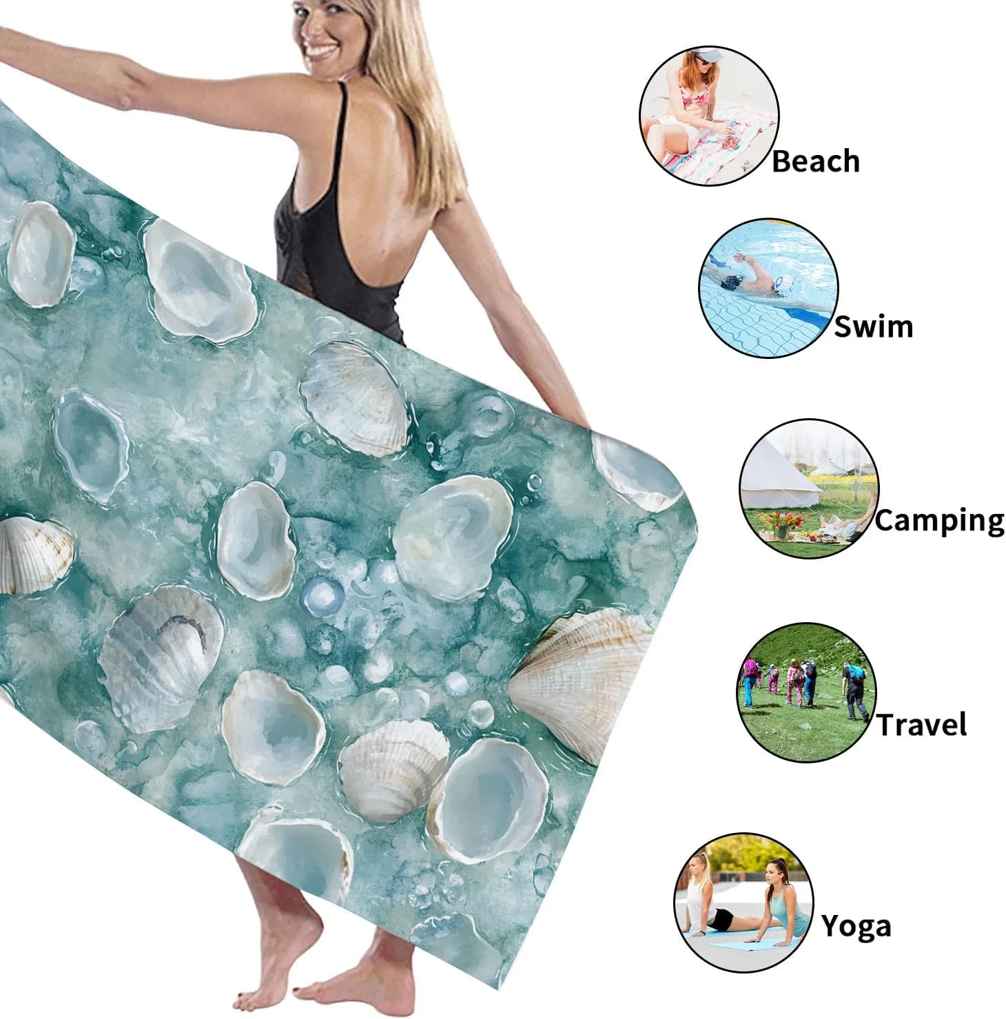 Ocean Wave Shells Beach Towel Turquoise Seashell Pattern Microfiber Bath Towel, Quick Dry Absorbent Sand Free Oversize Lightweight Beach Blanket, Travel Picnic Essentials 62x31 Inch