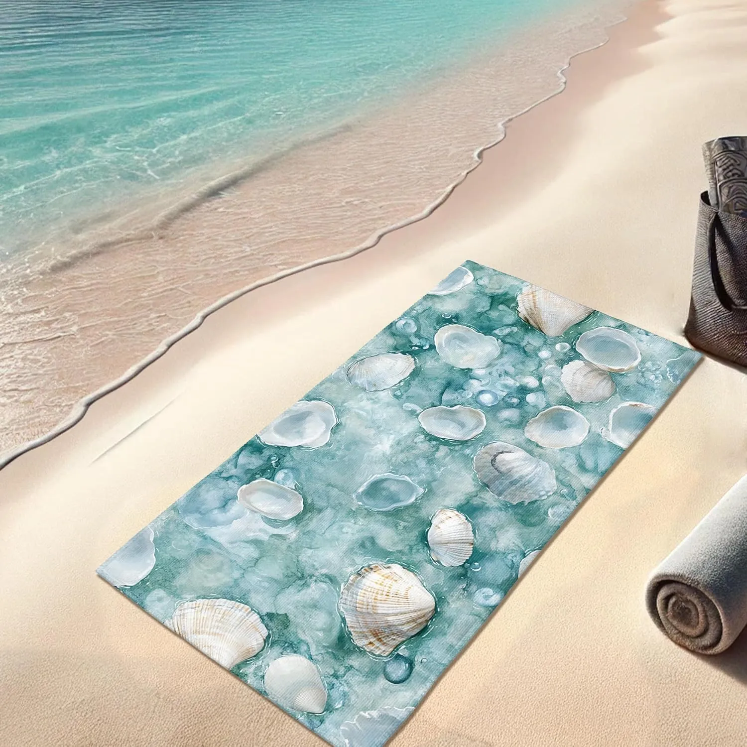 Ocean Wave Shells Beach Towel Turquoise Seashell Pattern Microfiber Bath Towel, Quick Dry Absorbent Sand Free Oversize Lightweight Beach Blanket, Travel Picnic Essentials 62x31 Inch