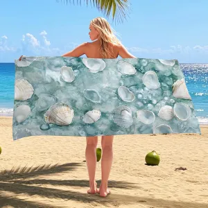 Ocean Wave Shells Beach Towel Turquoise Seashell Pattern Microfiber Bath Towel, Quick Dry Absorbent Sand Free Oversize Lightweight Beach Blanket, Travel Picnic Essentials 62x31 Inch