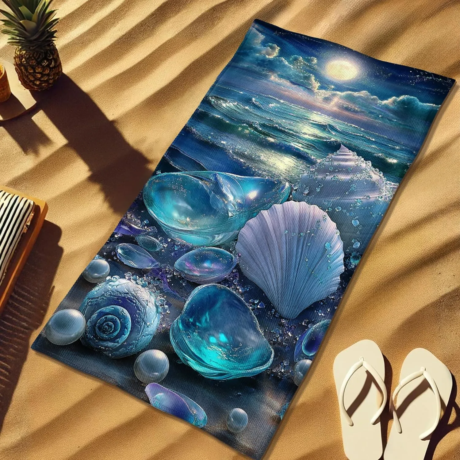 Oceanic Sea Shells Microfiber Beach Towel Vibrant Blue Nautical Design Quick Dry Absorbent Sand Free Oversize Lightweight Beach Blanket, Summer Vacation Pool Picnic Essentials 70x35 Inch