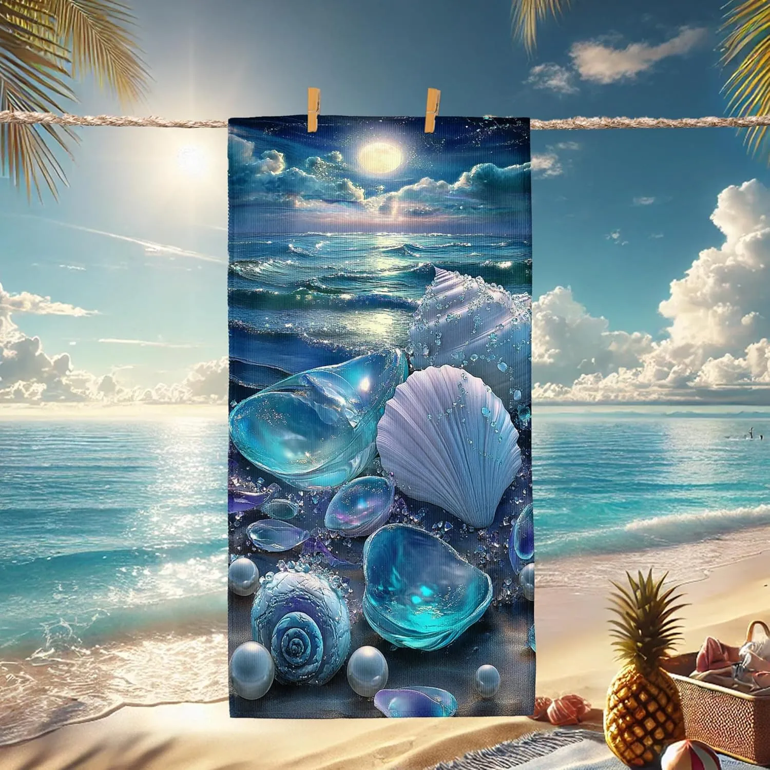 Oceanic Sea Shells Microfiber Beach Towel Vibrant Blue Nautical Design Quick Dry Absorbent Sand Free Oversize Lightweight Beach Blanket, Summer Vacation Pool Picnic Essentials 70x35 Inch