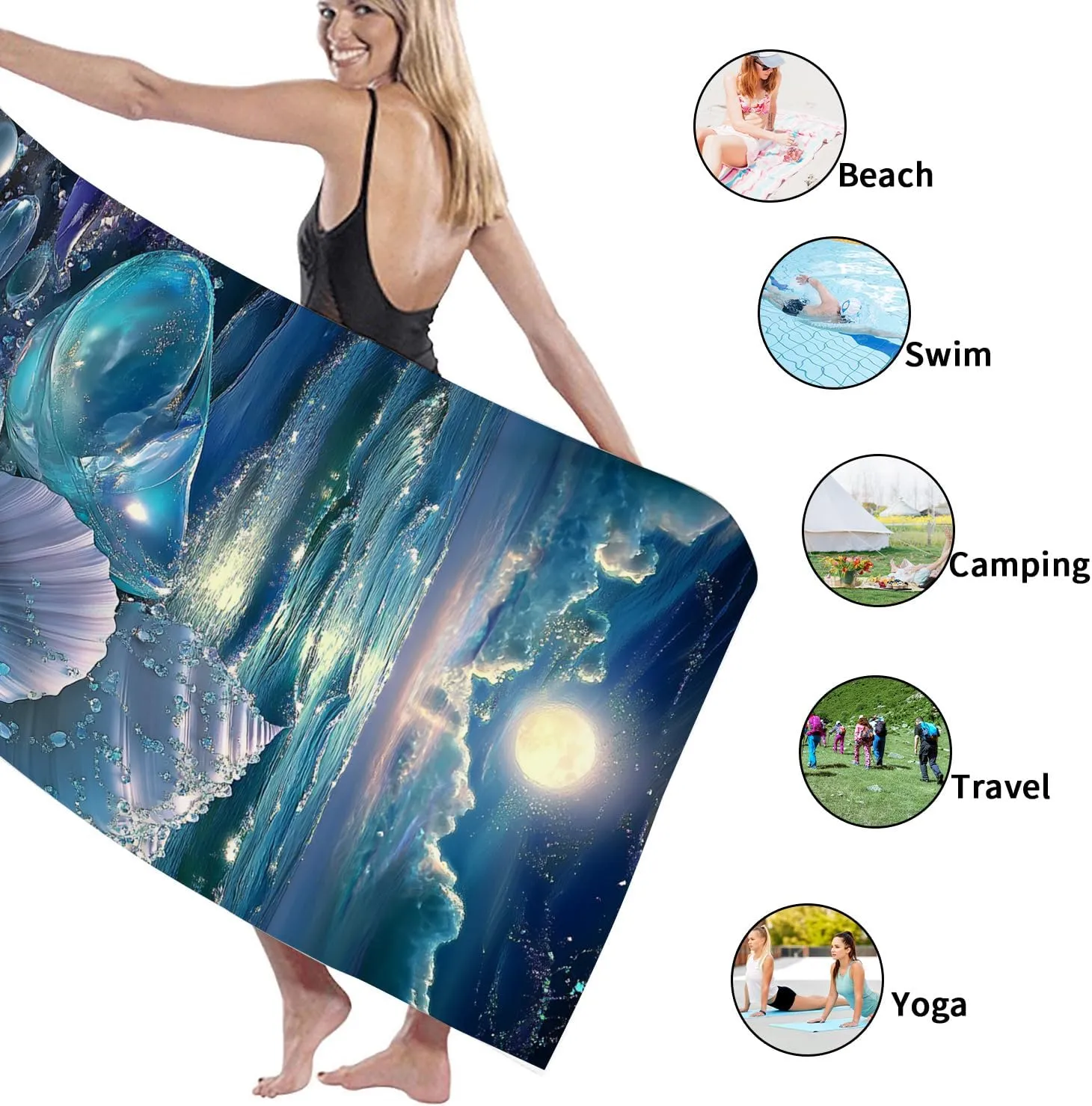 Oceanic Sea Shells Microfiber Beach Towel Vibrant Blue Nautical Design Quick Dry Absorbent Sand Free Oversize Lightweight Beach Blanket, Summer Vacation Pool Picnic Essentials 70x35 Inch