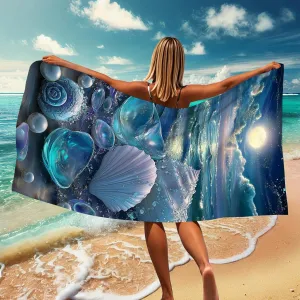 Oceanic Sea Shells Microfiber Beach Towel Vibrant Blue Nautical Design Quick Dry Absorbent Sand Free Oversize Lightweight Beach Blanket, Summer Vacation Pool Picnic Essentials 70x35 Inch