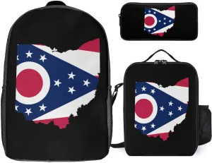 Ohio Map Flag 3Pcs Laptop Backpack Set 17 Inch Daypack with Lunch Bag Pencil Case Set for Travel Work