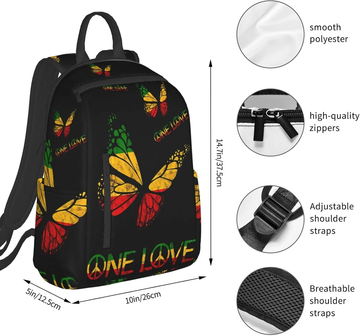 One Loves Butterfly Rasta Reggae Peace Rastafari Roots Casual Backpacks Laptop Backpack Outdoor Travel Rucksack Sport Carry-On Daypack Lightweight Bag with Multi-Pockets