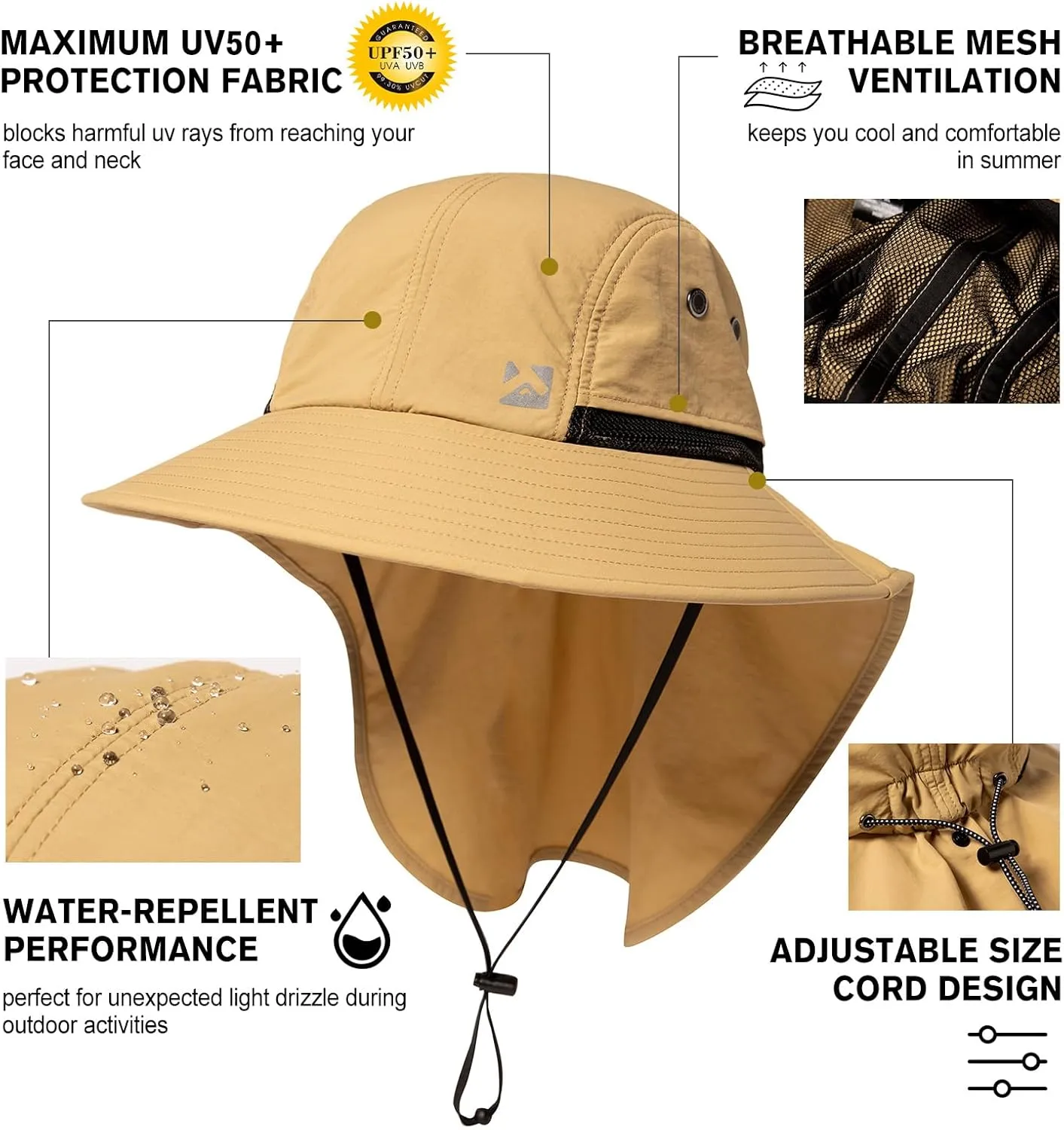 Oversized XL XXL Mens Sun Hat Big Head Neck Flap Shade Waterproof UPF50  Wide Brim Hat Fishing Safari Hiking